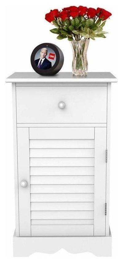 Contemporary Bedside Cabinet, White Painted Wood With Drawer and Shutter Door DL Contemporary