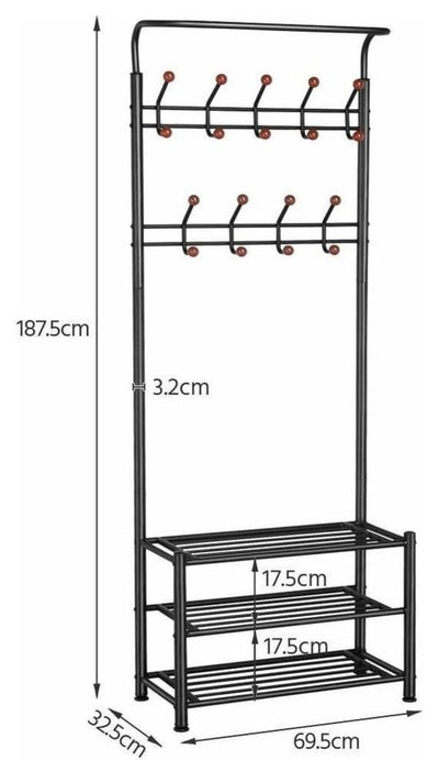 Contemporary Clothes Hanger Rack, Metal With 18-Hook and Bottom Shelves, Black DL Contemporary