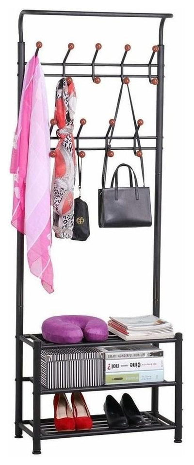 Contemporary Clothes Hanger Rack, Metal With 18-Hook and Bottom Shelves, Black DL Contemporary