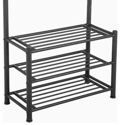 Contemporary Clothes Rack, Black Finished Metal With 18-Hook and 3-Shelf DL Contemporary