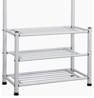 Contemporary Clothes Stand, Metal With 3 Open Shelves and 18 Hanger Hooks, White DL Contemporary