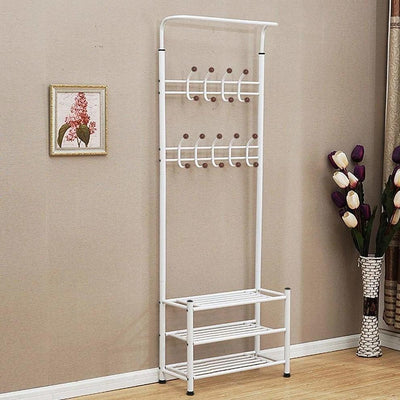 Contemporary Clothes Stand, Metal With 3 Open Shelves and 18 Hanger Hooks, White DL Contemporary