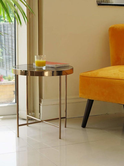 Contemporary Coffee Table, Marble Glass Top and Rose Gold Finished Steel Legs DL Contemporary