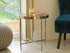 Contemporary Coffee Table, Marble Glass Top and Rose Gold Finished Steel Legs DL Contemporary