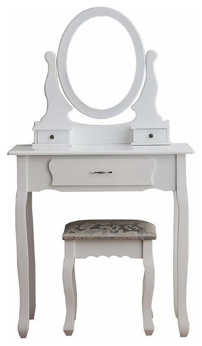 Contemporary Dressing Table Set, Cushioned Stool/Oval Mirror, 3-Drawer, White DL Contemporary