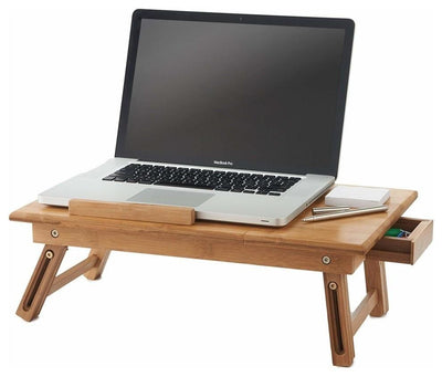 Contemporary Folding Laptop Stand, Natural Bamboo Wood With Small Drawers DL Contemporary