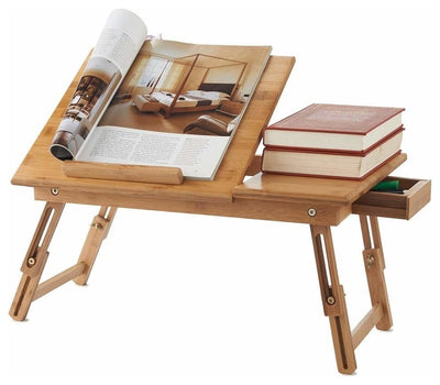 Contemporary Folding Laptop Stand, Natural Bamboo Wood With Small Drawers DL Contemporary