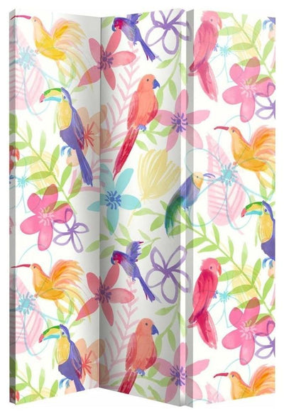 Contemporary Folding Room Divider With MDF Frame, Birds and Plants Design DL Contemporary