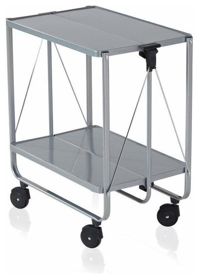 Contemporary Folding Serving Trolley Cart, Steel Metal, 2 Open Shelves, Silver DL Contemporary