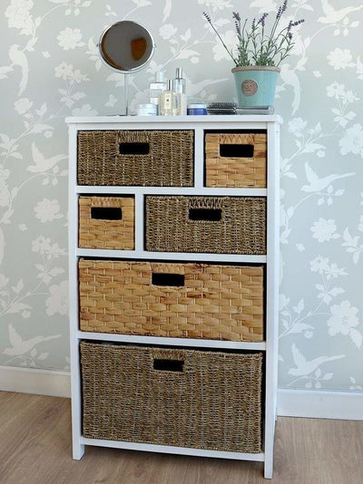 Contemporary Large Storage Cabinet, White Painted MDF With 6-Storage Basket DL Contemporary