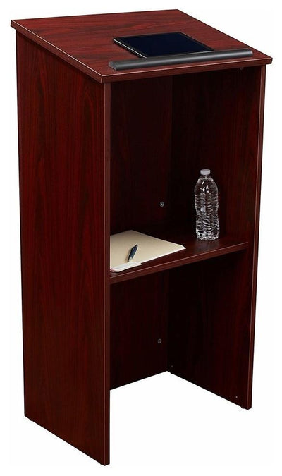 Contemporary Lectern, MDF With Mahogany Finish, Open Shelf and Wrist Support DL Modern