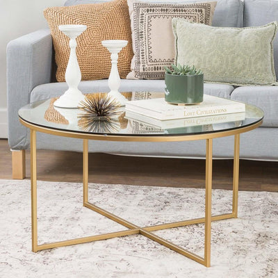 Contemporary Round Coffee Table in Sturdy Metal Frame and Tempered Glass Top DL Contemporary
