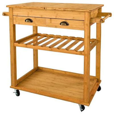 Contemporary Serving Trolley Cart, Bamboo Wood With 2-Drawer and Open Shelf DL Contemporary