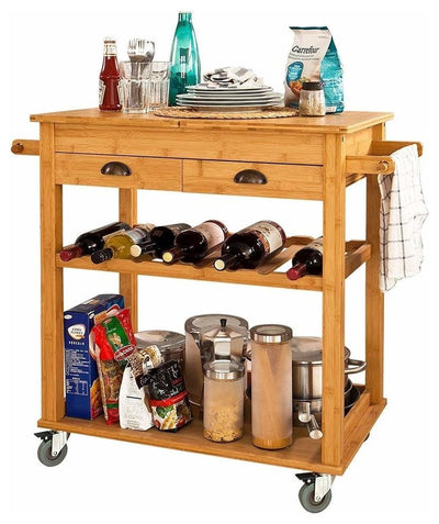 Contemporary Serving Trolley Cart, Bamboo Wood With 3-Tier and 2-Drawer DL Contemporary
