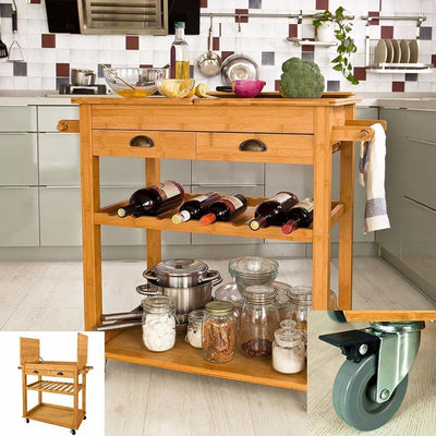 Contemporary Serving Trolley Cart, Bamboo Wood With 3-Tier and 2-Drawer DL Contemporary