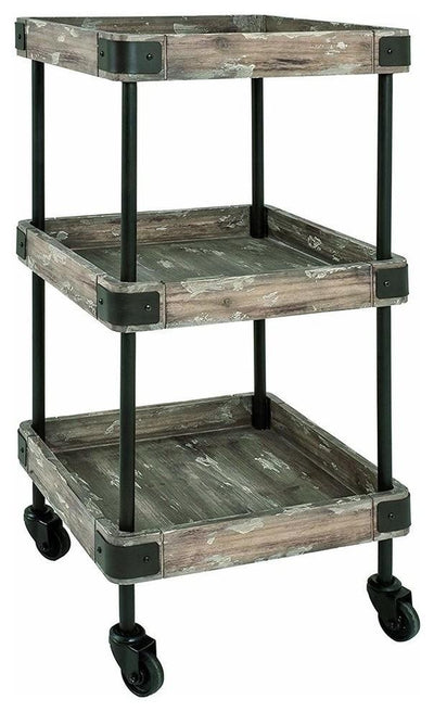 Contemporary Serving Trolley Cart, Black Steel Frame and Solid Wood Shelves DL Contemporary