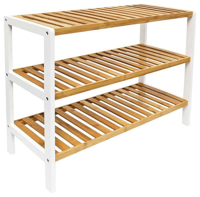 Contemporary Shoe Rack, Natural Bamboo Wood With 3-Shelf, Slatted Design