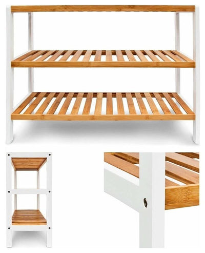 Contemporary Shoe Rack, Natural Bamboo Wood With 3-Shelf, Slatted Design DL Contemporary