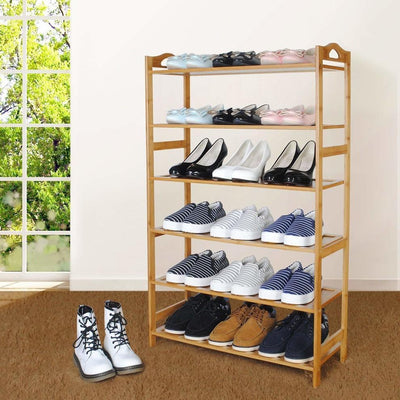 Contemporary Shoe Rack, Natural Bamboo Wood With MDF Board, 6 Tier DL Contemporary