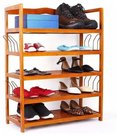 Contemporary Shoe Rack, Solid Acacia Wood With 5 Open Shelves, 24-Pair of Shoes DL Contemporary