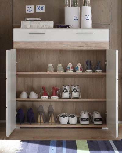 Contemporary Shoe Rack, White Oak High Gloss Finished MDF With 3-Compartment DL Contemporary