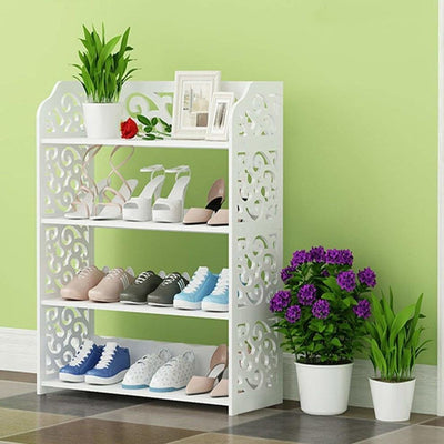 Contemporary Shoe Rack, Wood Plastic Composite With Open Shelves, White, 4 Tier DL Contemporary