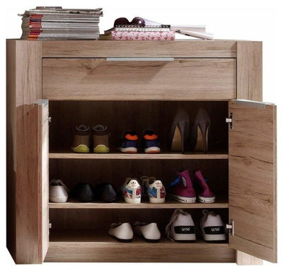 Contemporary Shoe Stand, Light Oak Finished MDF With 3-Compartment DL Contemporary