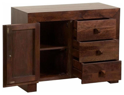 Contemporary Sideboard, Dark Shade Solid Mango Wood With Door and 3-Drawer DL Contemporary