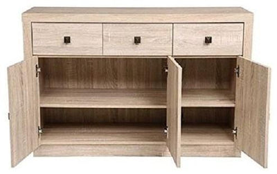 Contemporary Sideboard, Oak Effect Solid Wood With Doors and 3 Storage Drawers DL Contemporary