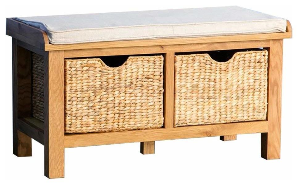 Contemporary Storage Bench in Solid Oak Wood with 2 Baskets and Padded Seat DL Contemporary