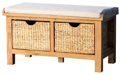 Contemporary Storage Bench in Solid Oak Wood with 2 Baskets and Padded Seat DL Contemporary