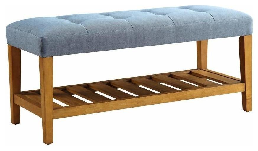 Contemporary Storage Bench in Solid Oak Wood with Tufted Seat and Bottom Shelf DL Contemporary