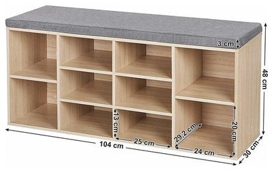 Contemporary Storage Bench, MDF With 10-Open Compartment and Padded Seat Natural DL Contemporary