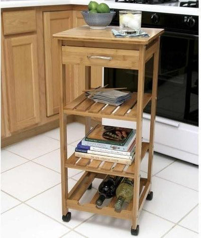 Contemporary Trolley Cart, Natural Bamboo Wood With 4 Open Shelves and Drawer DL Contemporary