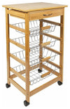 Contemporary Trolley Cart, Natural Bamboo Wood With Drawer and 4 Metal Baskets DL Modern