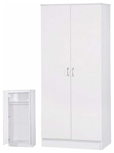 Contemporary Wardrobe, High Gloss MDF With 2-Door, Shelf and Hanging Rail, White DL Contemporary