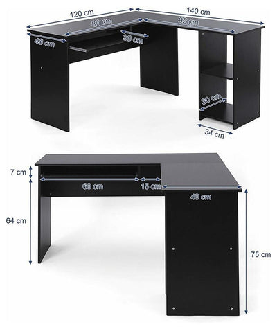 Corner Desk, Chipboard, Sliding Keyboard and 2 Open Shelves, L Shaped, Black DL Modern