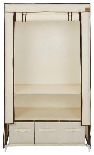 Double Canvas Wardrobe, Waterproof Beige Fabric With Hanging Rail and Shelves DL Modern