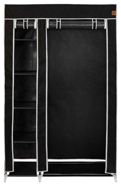 Double Canvas Wardrobe, Waterproof Black Fabric With 6-Shelf, Hanging Rail DL Modern