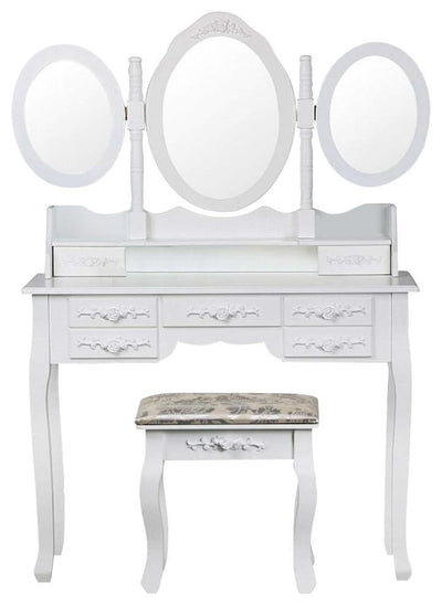 Dressing Table Set, White MDF With 3-Oval Mirror, Cushioned Stool, 7-Drawer DL Modern