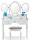 Dressing Table Set, White MDF With 3-Oval Mirror, Cushioned Stool, 7-Drawer DL Modern