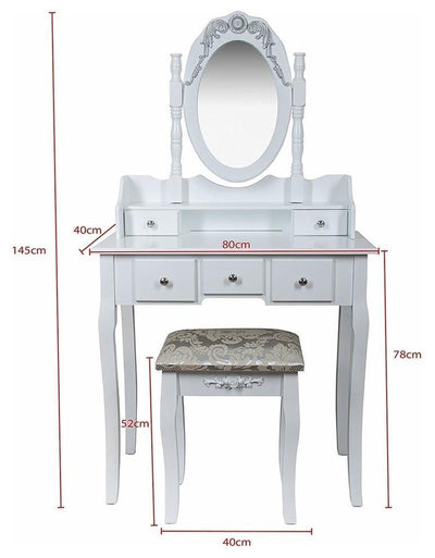 Dressing Table Set, White MDF With Adjustable Mirror and Stool, 5-Drawer DL Modern