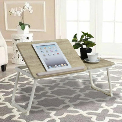 Folding Bed Desk Table, MDF With Steel Legs, Wood and White DL Contemporary