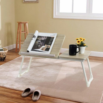 Folding Bed Desk Table, MDF With Steel Legs, Wood and White DL Contemporary