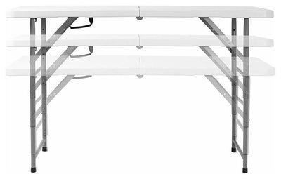 Folding Table With Steel Frame and White Plastic Tabletop, 3 Adjustable Height DL Contemporary