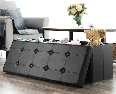 Footstool Storage Box in Black Faux Leather on MDF DL Modern