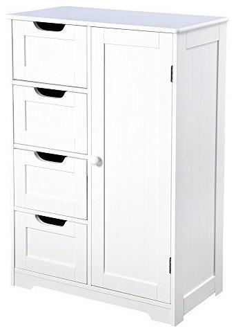 Freestanding Storage Cabinet, MDF With White Finish, 1-Door and 4-Drawer DL Contemporary