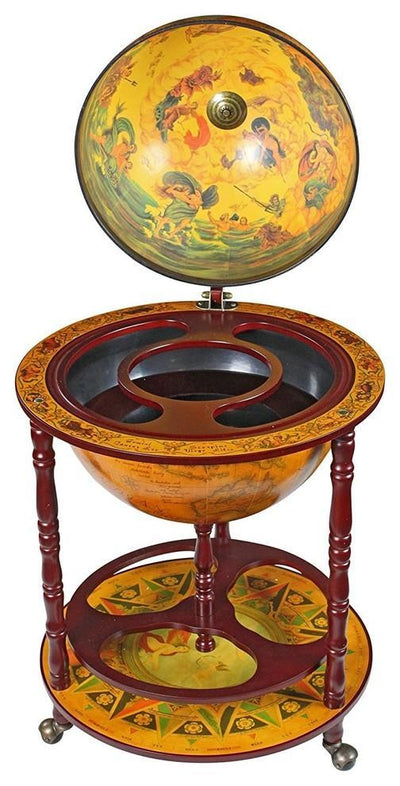 Globe Bar Cabinet with Solid Wood Frame and 3 Caster Wheels, Old Map Design DL Traditional