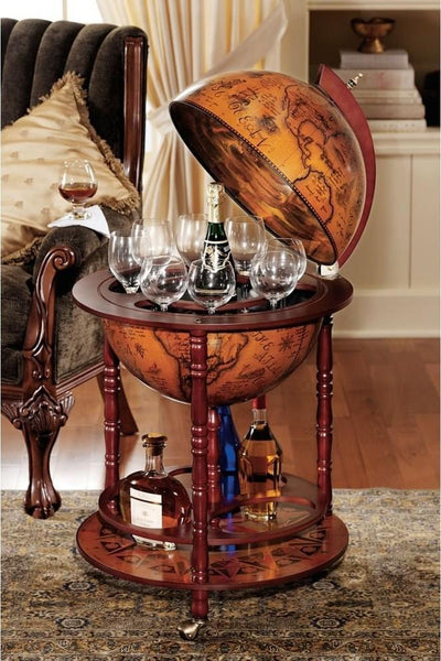 Globe Bar Cabinet with Solid Wood Frame and 3 Caster Wheels, Old Map Design DL Traditional