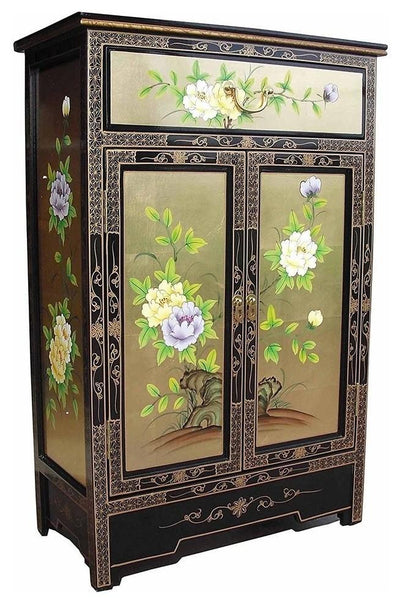 Gold Leaf Storage Cabinet, MDF With Drawer, Floral Oriental Chinese Design DL Traditional
